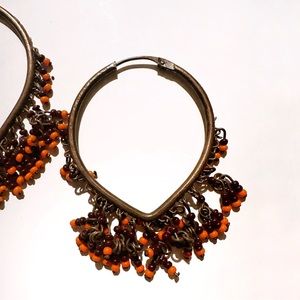 Bohemian Earrings Gold tone Orange Purple Beads Boho Chandelier Hoops Bright Fun